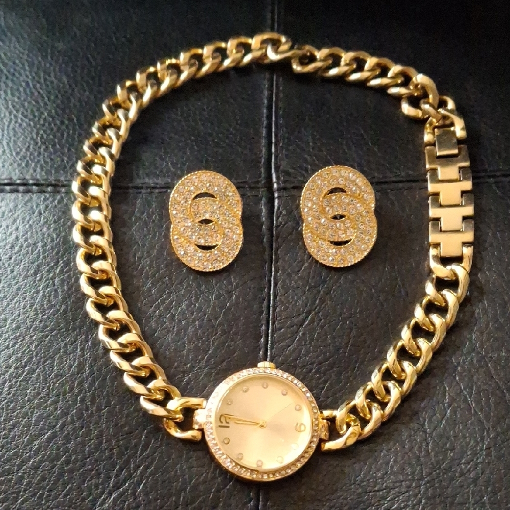 Gold Chain Watch and Earrings Set